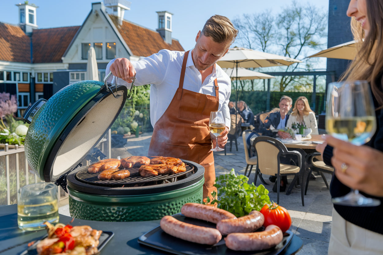Man grilt vlees op een Green Egg in een luxe buitenkeuken, met verse ingrediënten en barbecuegerechten op het aanrecht. Gezellig buiten koken op een sfeervol terras met vrienden en familie. Perfecte buitenkeuken voor Kamado BBQ-liefhebbers