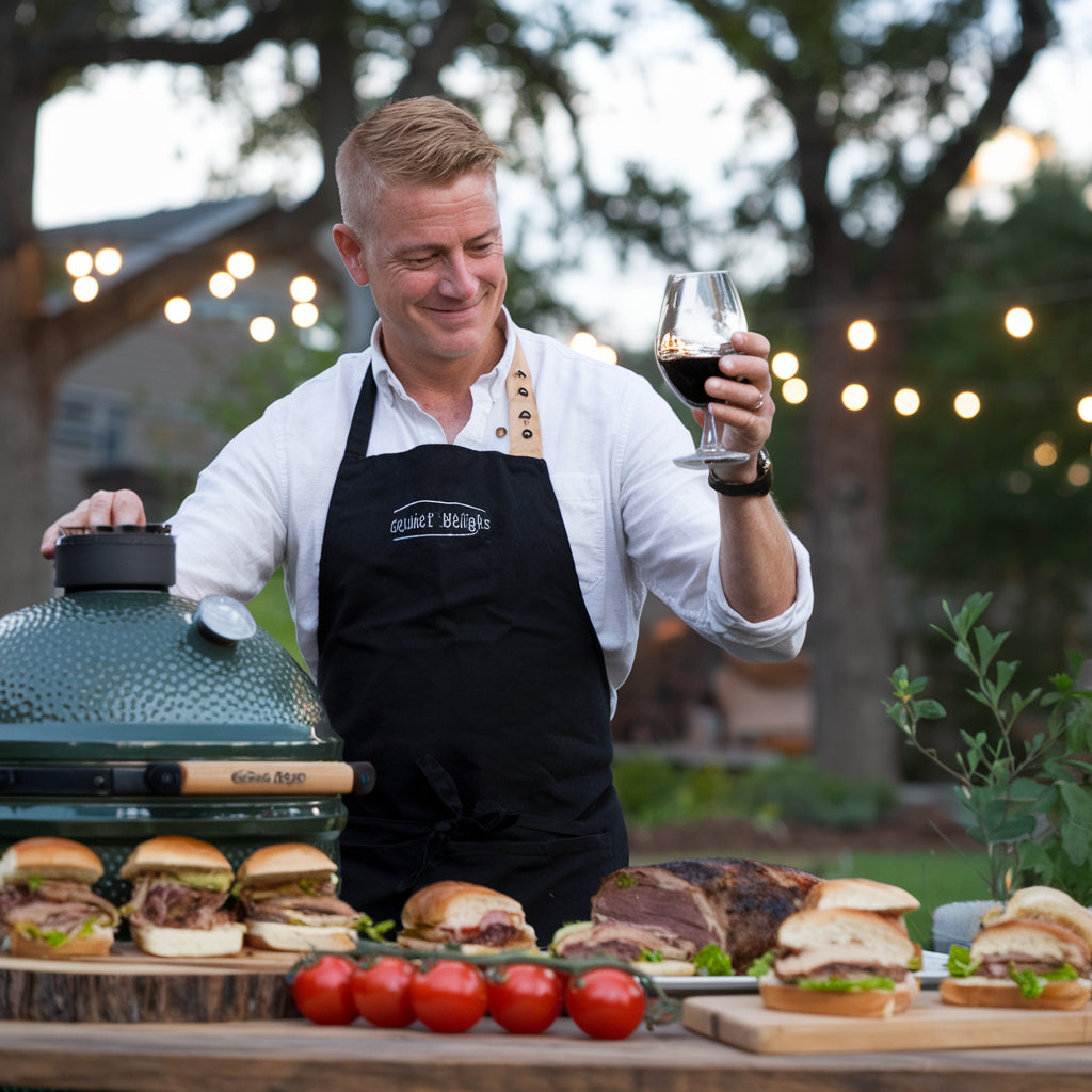 Man in schort grilt op een Green Egg buitenkeuken, genietend van een glas wijn. Luxe barbecue setting met burgers, gegrild vlees en verse ingrediënten onder sfeervolle buitenverlichting.