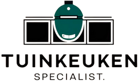 Logo van Tuinkeuken Specialist met een strakke buitenkeuken met green egg BBQ   